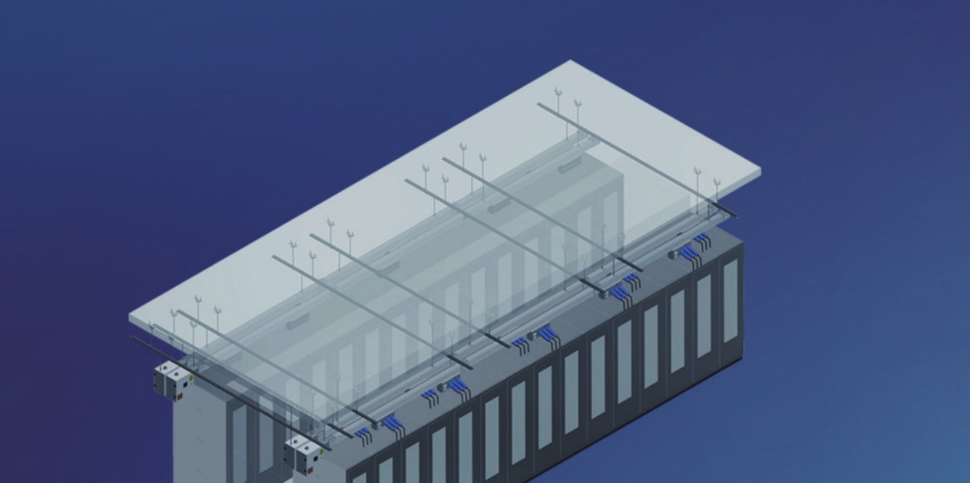 数据中心机柜列阵上方沿柜顶敷设智能母线干线的 3D 布局示意